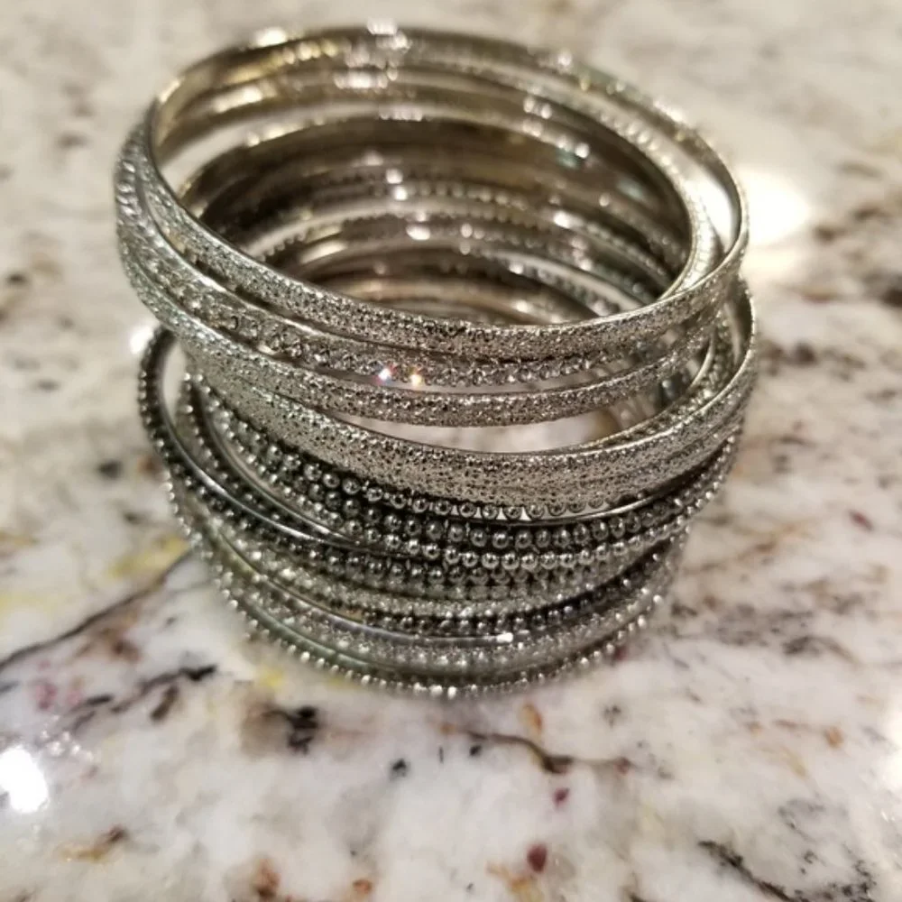 AMRITA SINGH stack bangle set of 19. Silver, Gun Metal & Austrian Crystals.